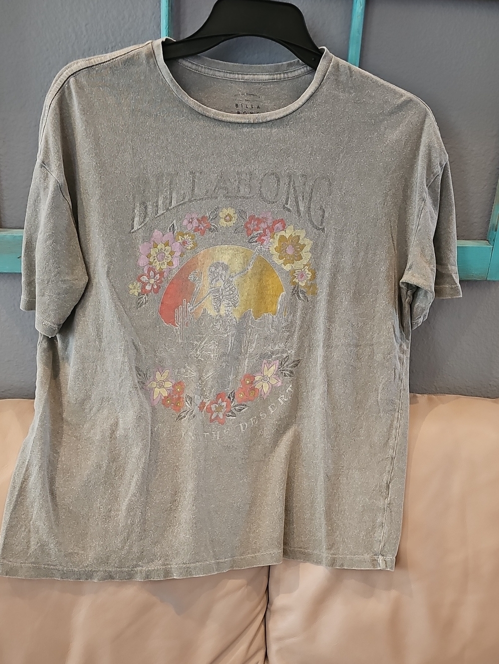 Billabong Gray Washed Short Sleeve Tee with Floral Sunset Graphic